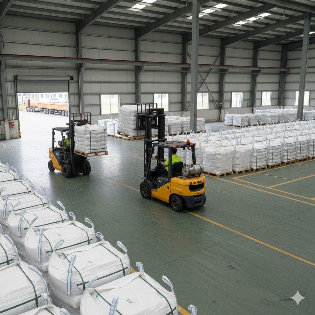 Kaolin clay bags stored on pallets in a covered industrial warehouse